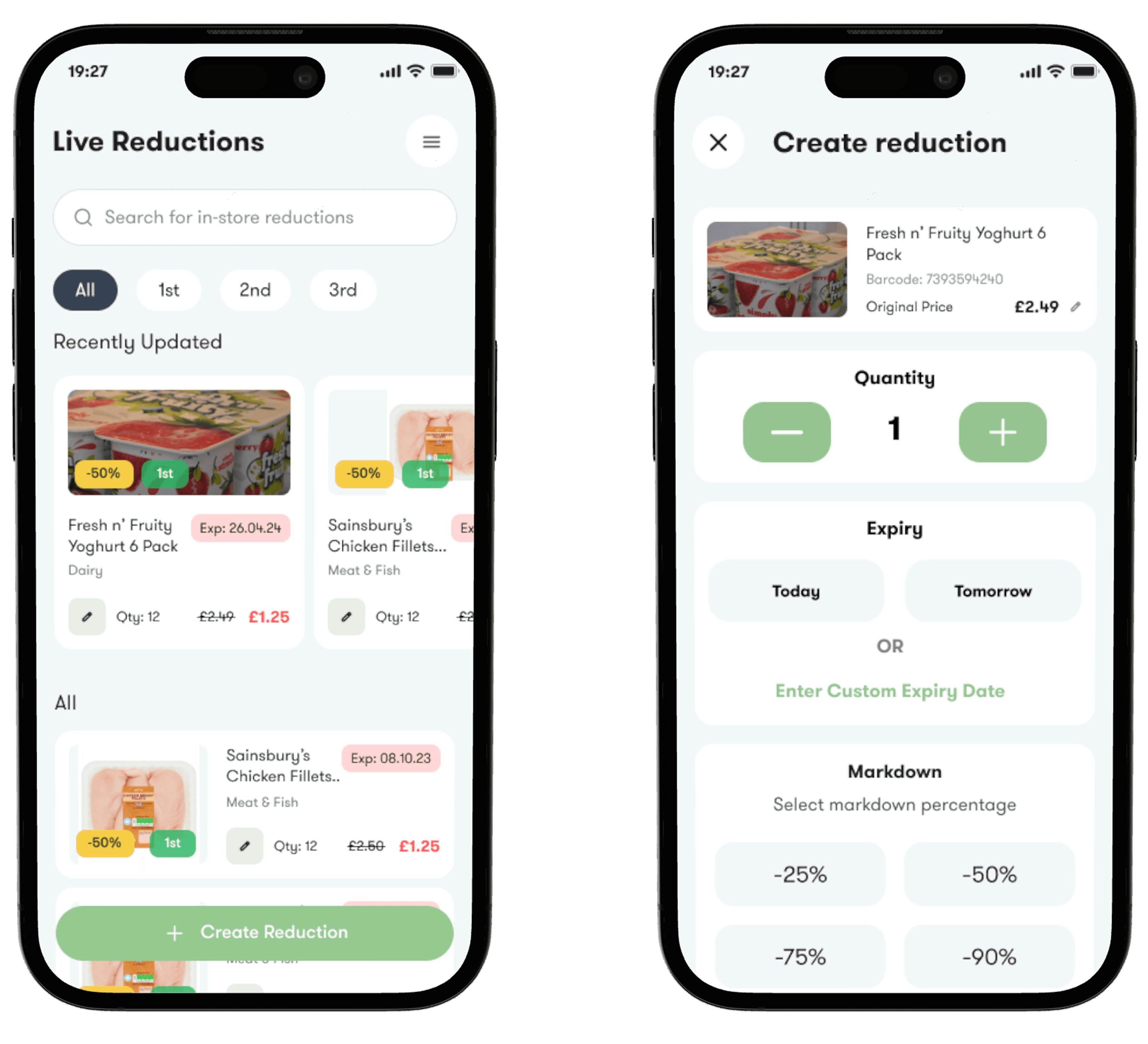 Gander Go React Native app running on a Sunmi Android device with built-in label printer, showing the in-store reduction creation flow